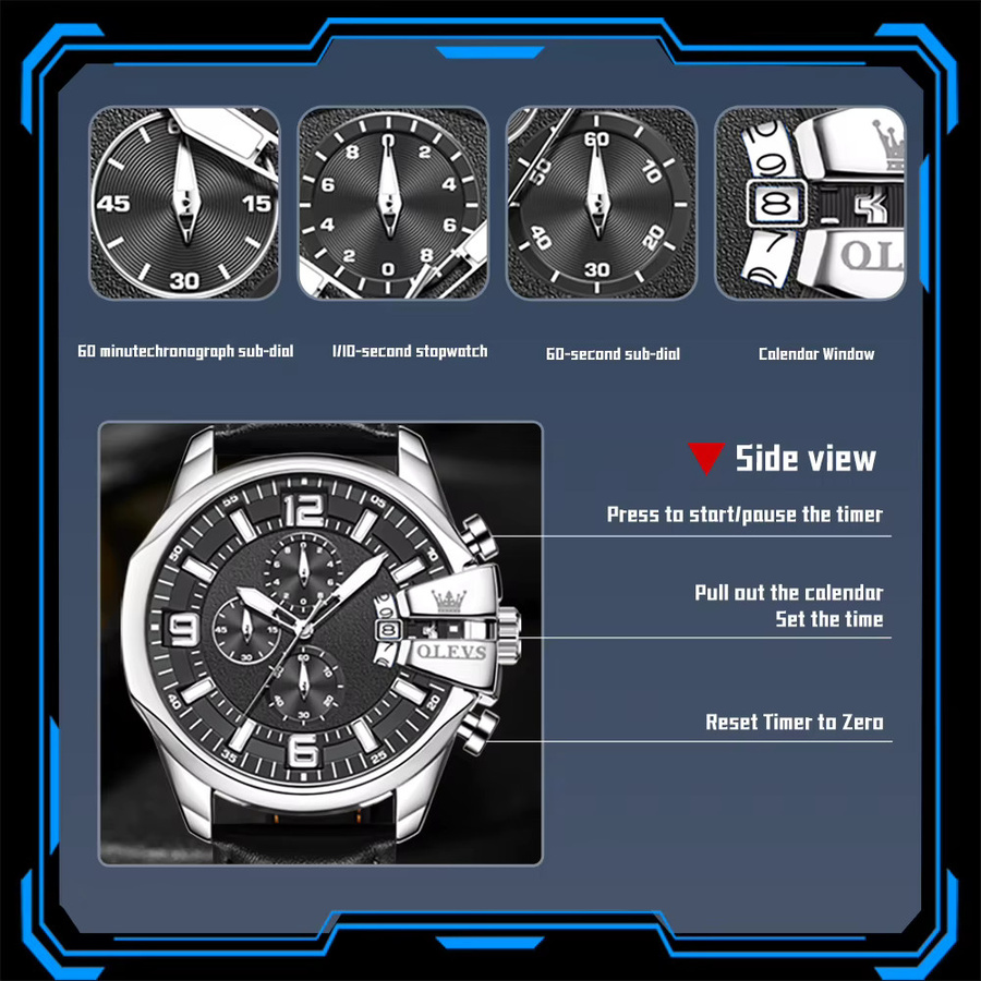 OLEVS Chronograph, Armbanduhr, Quarz, Edelstahl, Leder, 52 mm, Herren - Bild 5