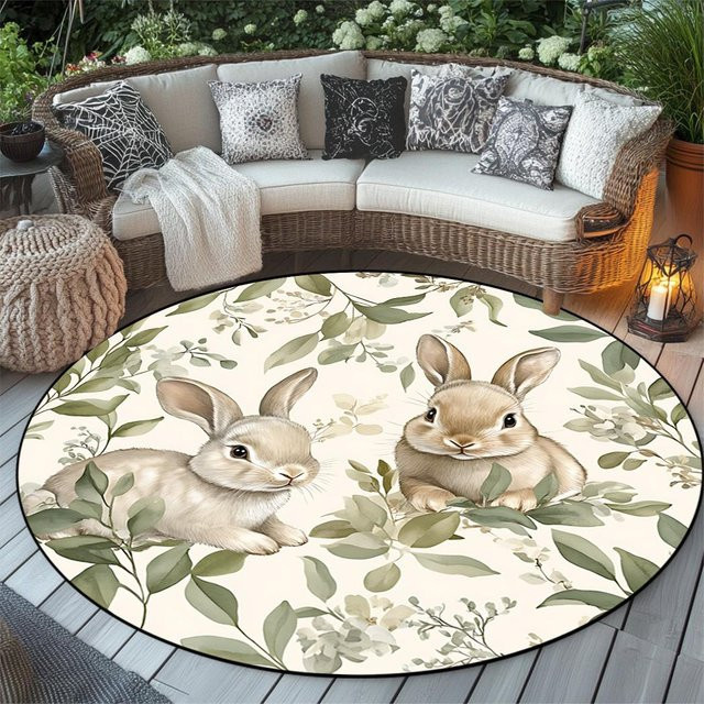 Karpetti Runder Teppich mit Niedlicher Hase Muster in Weiß, Durchmesser: 40 cm - Bild 1