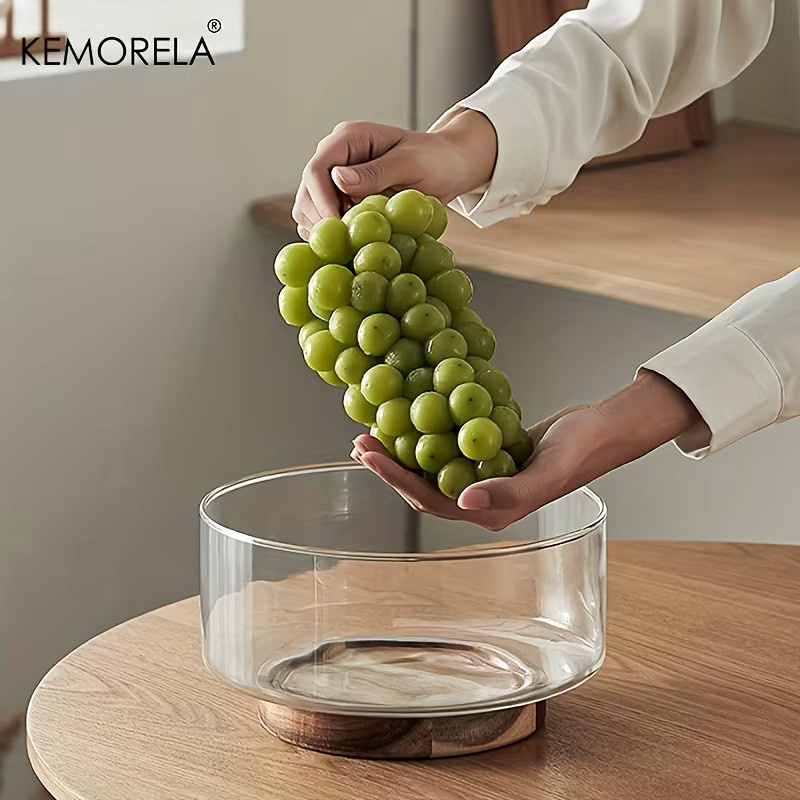 KEMORELA Glas Obstschale mit Holzsockel in Transparent, ideale Schüssel für Salate, Snacks, Popcorn oder Nüsse - Bild 2