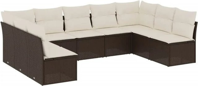 vidaXL 9-tlg. Garten-Sofagarnitur in U-Form aus Poly-Rattan mit Kissen in Braun und Weiß - Bild 1