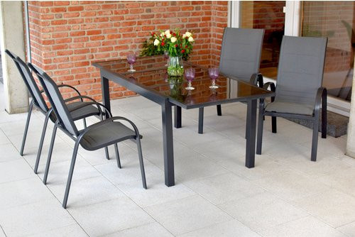 Merxx Gartenmöbelset Amalfi 5-teilig aus Aluminium und Textil in Grau mit ausziehbarem Tisch und stapelbaren Sesseln, Tisch B: 140 cm bis 200 cm, T: 90 cm, H: 76 cm - Bild 1