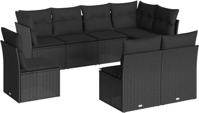 vidaXL 8-tlg Garten-Sofagarnitur in L-Form aus Poly Rattan und Metall mit Kissen in Schwarz - Bild 1