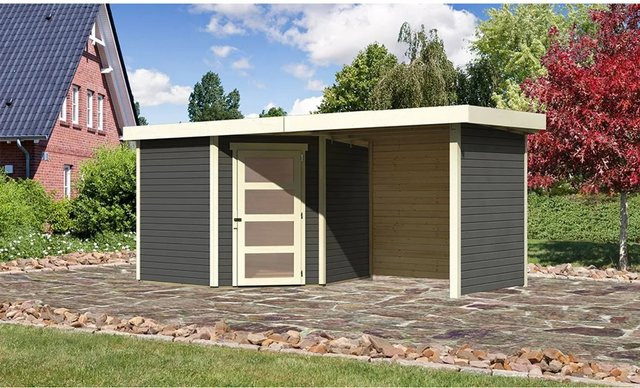 Holz-Gartenhaus Schwandorf 5 in Terragrau mit Flachdach und Anbaudach, B/T: 242 x 246 cm - Bild 1