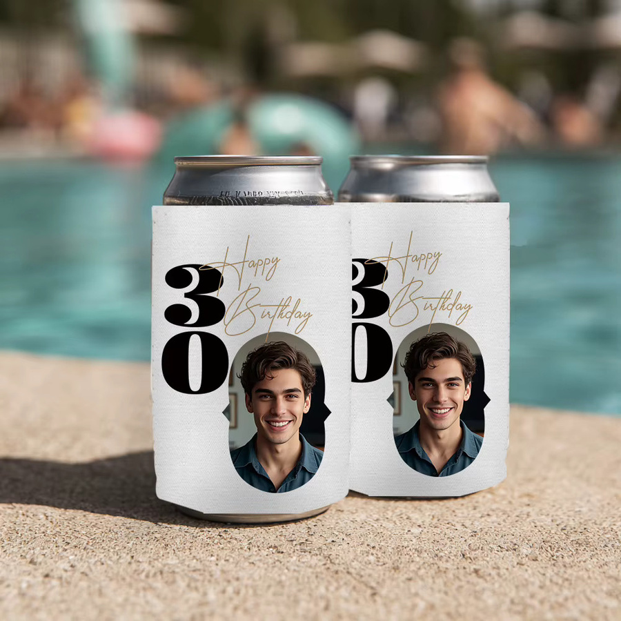 Cyuan Personalisierte Geburtstags-Bierflaschen-Becherabdeckung in Weiß mit Foto und Alter für Erwachsene - Bild 2