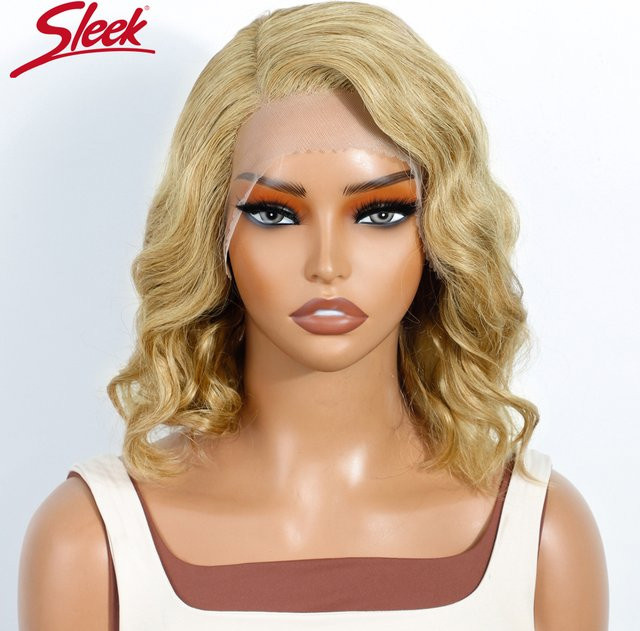 Brasilianische Body Wave Lace Frontal Perücke, Kurzer Bob, 100% Echthaar, Farbe 16 Blonde - Bild 1