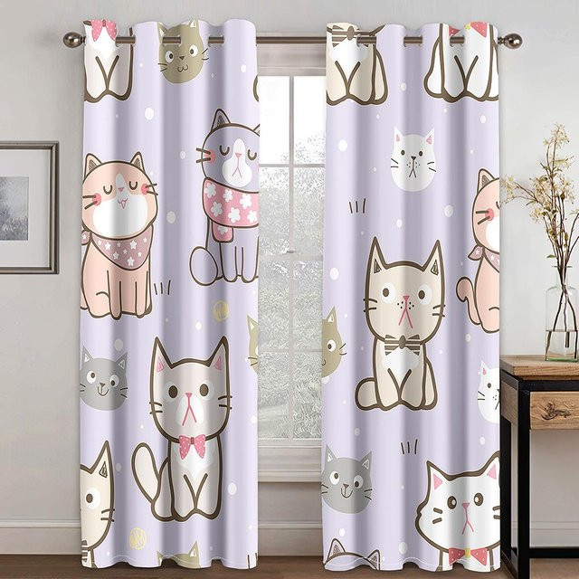 Super Six Kawaii Fenstergardine mit Cartoon Katze und Naturmotiv, Lila, B: 132 cm, H: 164 cm - Bild 1