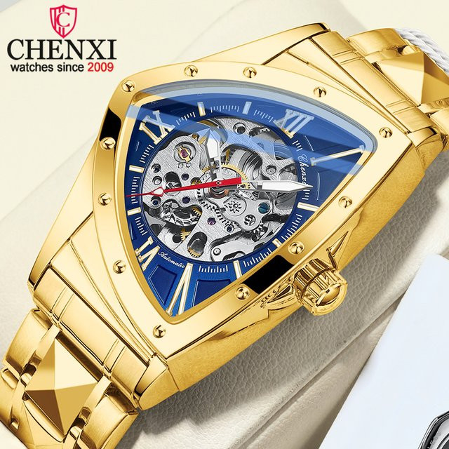 CHENXI Armbanduhr Herren, Quarz, Edelstahl, Gold, Blau, Tonneau - Bild 1