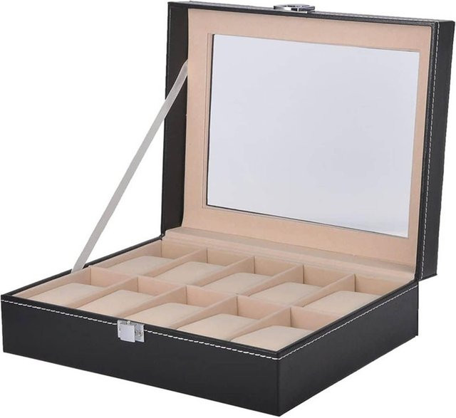 Neoglint Uhrenbox, 10 Fächer, PU-Leder, Glasdeckel, Schwarz beige, Unisex - Bild 1
