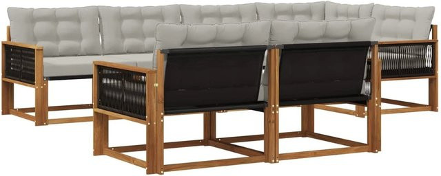 vidaXL Outdoor-Sofagarnitur L-Form aus Akazienholz mit Textilene und Kissen, 7-teiliges Set, Braun und Hellgrau - Bild 1