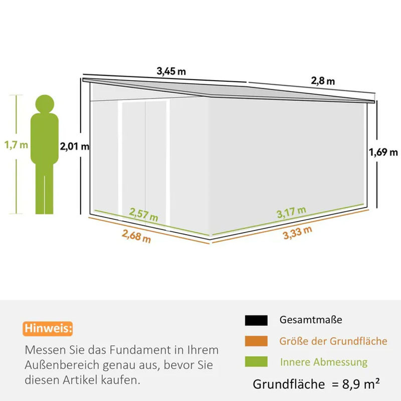 Outsunny Metall Gerätehaus in Grün mit Pultdach und Schiebetür, wetterfester Geräteschuppen aus Stahl, B/T/H: 280 x 345 x 201 cm - Bild 5