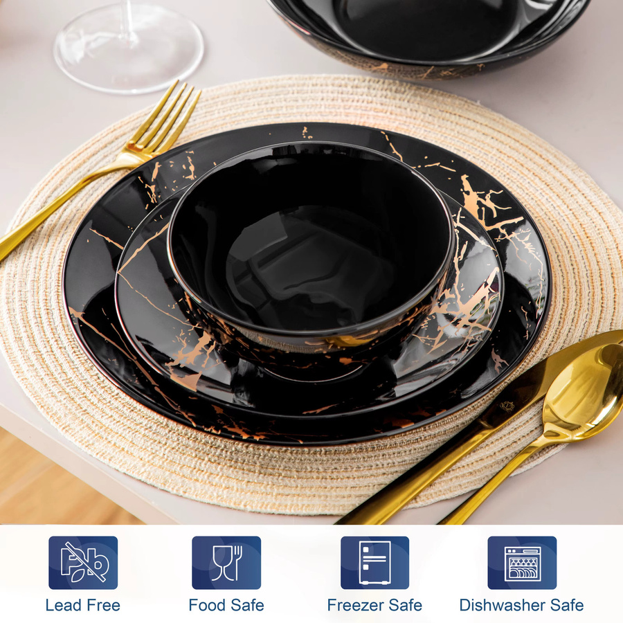 LOVECASA 24-teiliges Porzellan Geschirrset mit goldener Spritzglasur in Schwarz und Gold - Bild 4