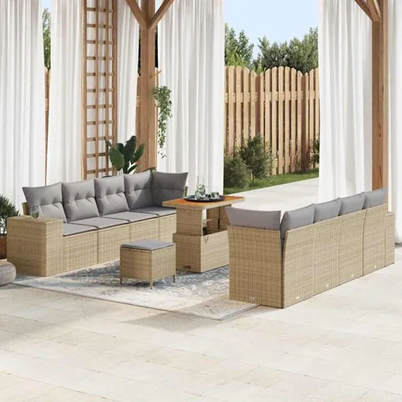 Vidaxl Garten-Sofa-Set aus Polyrattan und Akazie, 11-teiliges modulares Loungemöbel mit Fußhocker in Beige und Grau, B/T/H: 90 x 55 x 71 cm - Bild 1