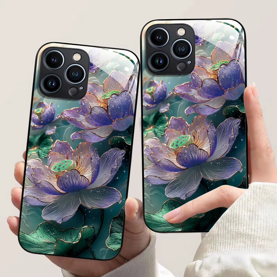 Handyhülle mit gehärtetem Glas und Lotusblumen-Design für Apple iPhone 17 Pro Max, 16 Pro Max, 15, 14, 13, 12 und 16E in Multicolour - Bild 5