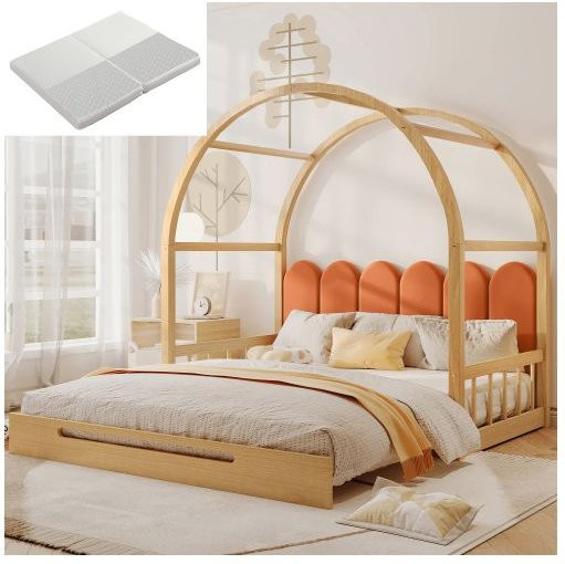 Ausziehbares Bogenbett MUVOE aus Massivholz mit Samtkissen in Orange und Natur, B/T: 140 x 100 cm und 140 x 200 cm - Bild 1