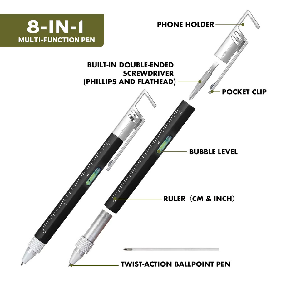 8-in-1 Multitool-Stift Set in Schwarz aus Metall mit Schraubendrehern, Lineal und Wasserwaage als kompakter EDC-Multifunktionsstift - Bild 2