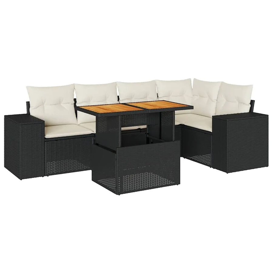 vidaXL 6-teilige Garten-Sofagarnitur in L-Form aus Poly-Rattan und Akazienholz mit Kissen in Schwarz-Creme - Bild 2