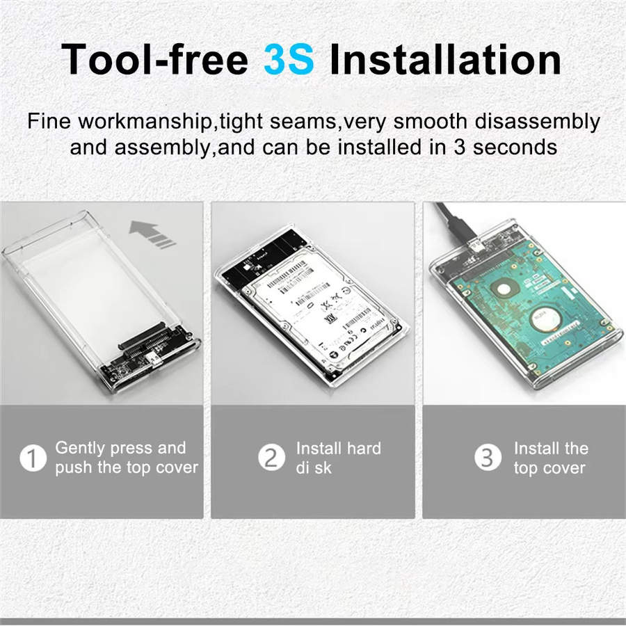 BalanceFit Externes Festplattengehäuse für 2,5 Zoll SATA SSD und HDD mit USB 2.0 und USB Typ C, UASP Unterstützung, transparent, bis zu 2 TB Kapazität - Bild 2