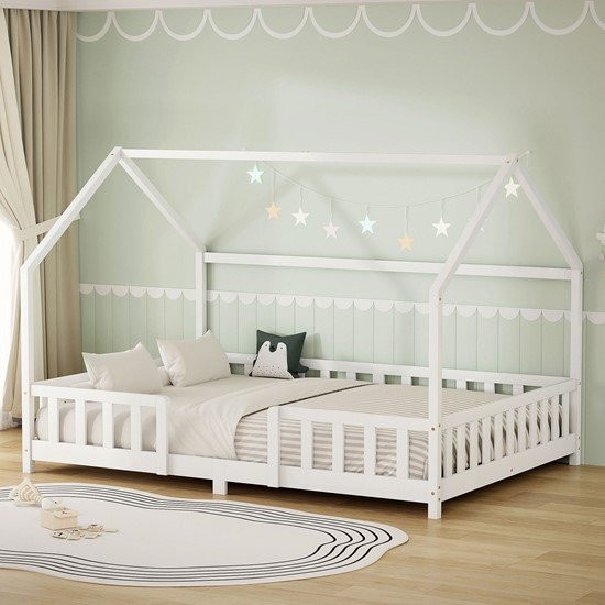 ML-Design Kinderhaus-Bett aus weiß lackiertem Kiefernholz mit Lattenrost, B/T/H: 140 x 200 x 145,5 cm - Bild 1