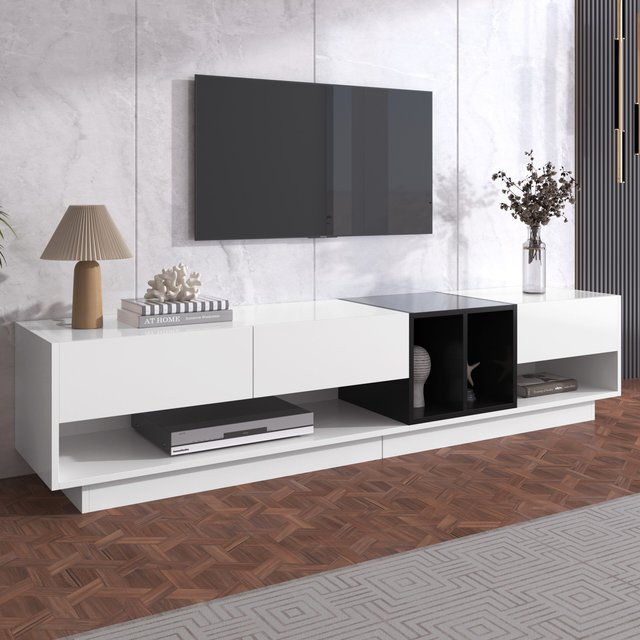Moderner TV Schrank von Aosom mit Schubladen in Hochglanz Schwarz/Weiß, B: 190 cm, T: 40 cm, H: 42 cm - Bild 1