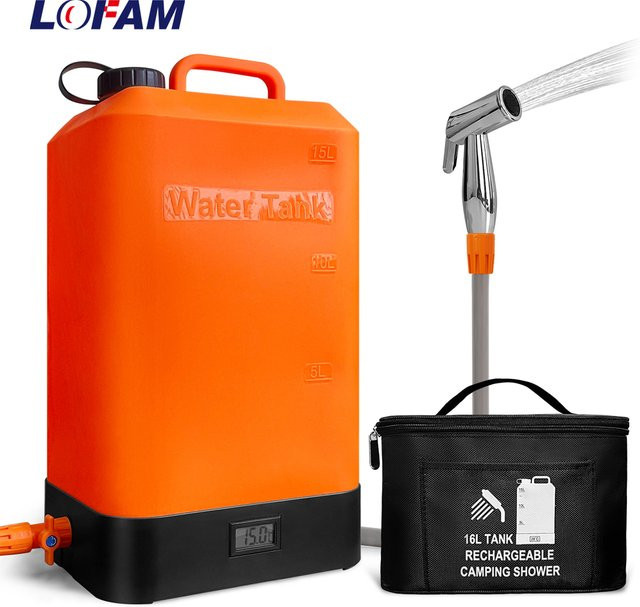 LOFAM Tragbare Outdoor-Camping-Dusche in Orange mit 16 l Wasserbeutel und wiederaufladbarer elektrischer Pumpe - Bild 1