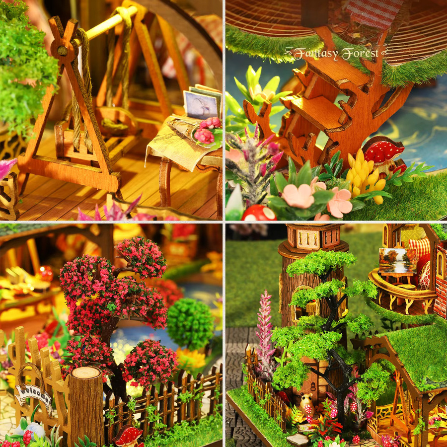 GSF DIY Holz-Miniaturmodellbausatz Fantasiewald-Haus, 3D-Puzzle Puppenhaus mit Möbeln - Bild 2