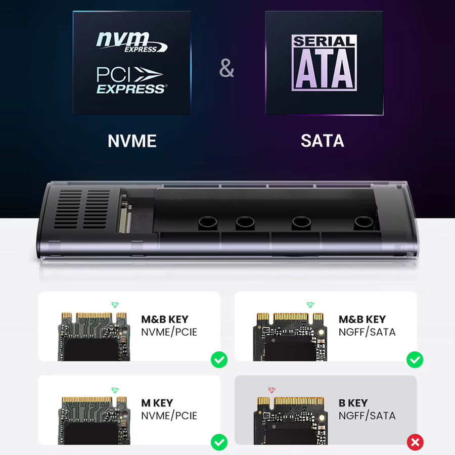 ALLOYSEED M.2 SSD Gehäuse Dual Protocol NVMe/NGFF SATA USB-C 3.1 Adapter, Schwarz - Bild 3