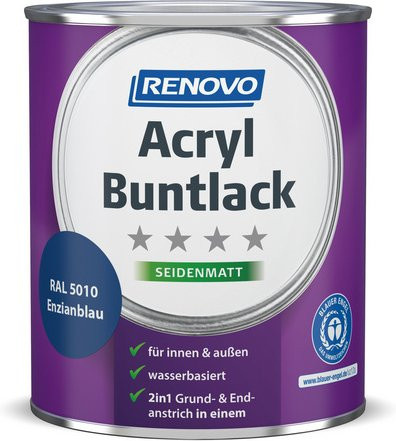 RENOVO Acryl-Buntlack für Holz in Enzianblau RAL 5010, seidenmatt, 0,75 l - Bild 1
