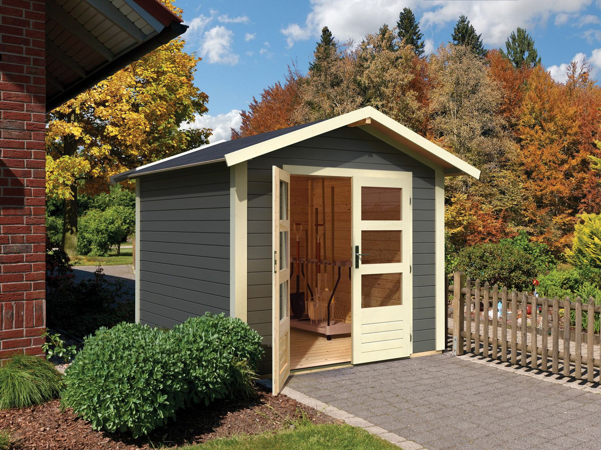 KARIBU Carlos Satteldach Gartenhaus aus Fichtenholz inklusive Boden und Schindeln, terragrau, B: 304 cm, H: 238 cm, T: 304 cm - Bild 2