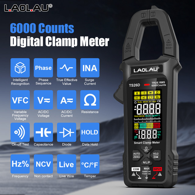 LAOLAU Digitales Zangenmultimeter TS26A TS26D mit Farbbildschirm, Phasenfolge und automatischer Reichweite für AC/DC-Strom - Bild 1