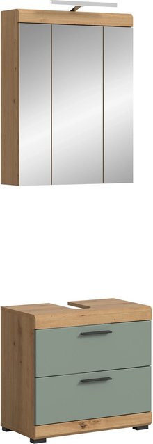Xonox Badkombination 2-teilig aus Eiche und Salbei Grün mit LED-Beleuchtung, B/H/T: 60 x 191 x 34 cm - Bild 1