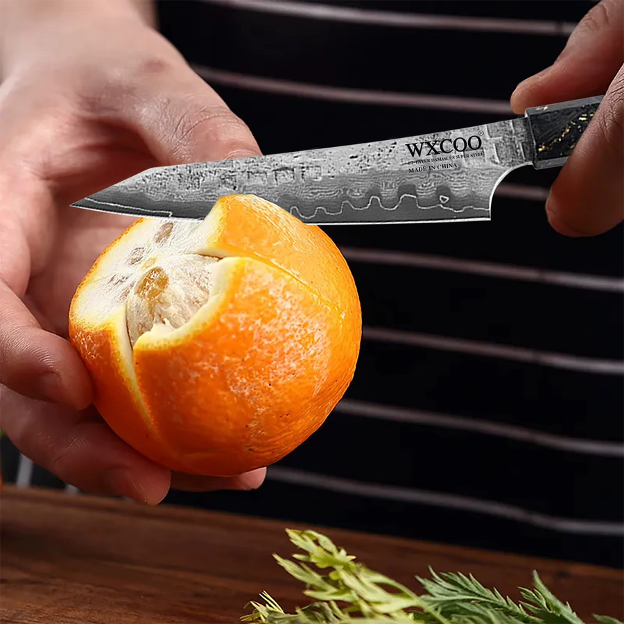 WXCOO Kiritsuke-Kochmesser aus Edelstahl mit Kohlefasergriff, 14,2 cm, Silber - Bild 3
