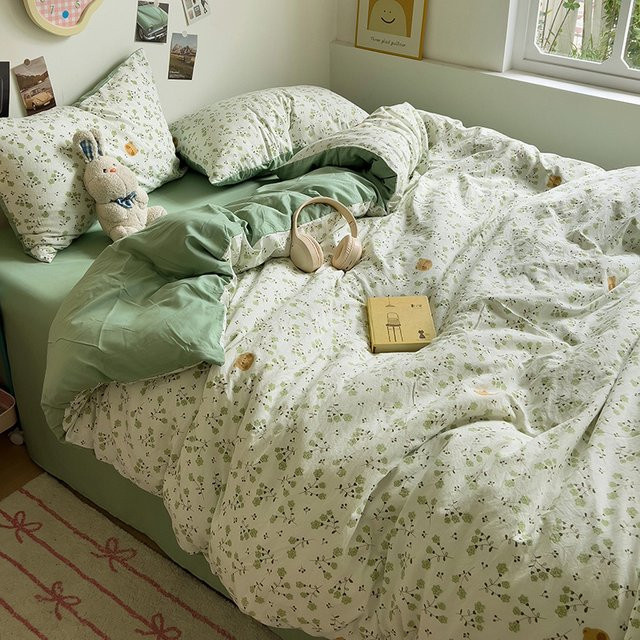Dreamreal Bettwäsche Set Koreanische Retro Blumen aus 100% gewaschener Baumwolle in Grün - Bild 1