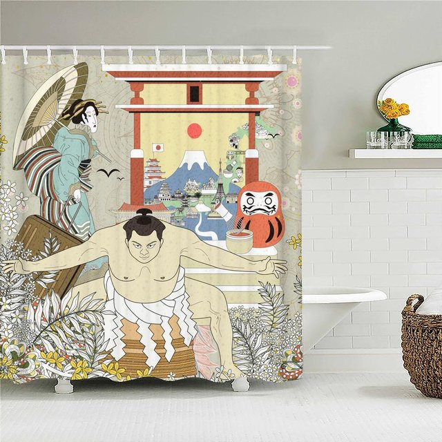 Wasserdichter Duschvorhang aus Polyestergewebe mit Samurai-Landschaft und Wellen-Design in Multicolour, B: 240 cm, H: 180 cm - Bild 1