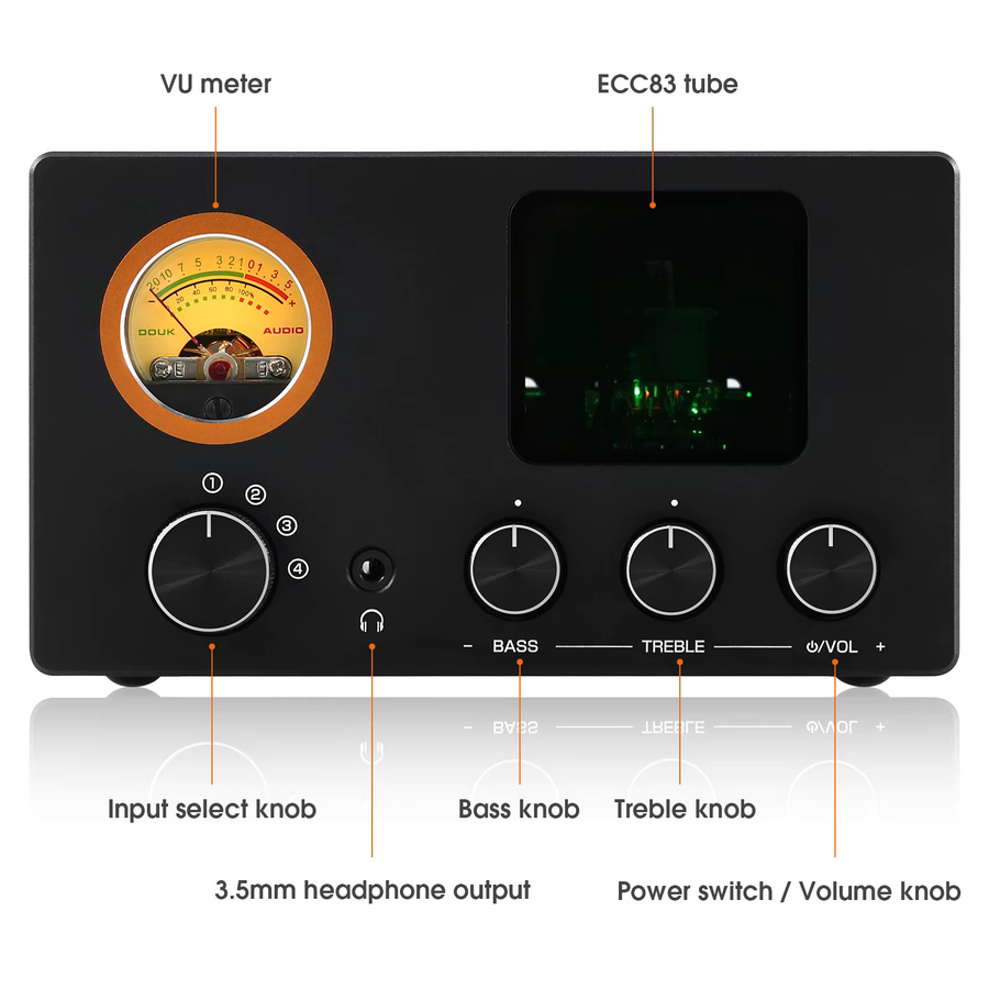 Nobsound TUBE-T5C 4-Wege Audio Selector Splitter Mini Stereo Röhren-Vorverstärker mit VU-Meter in Schwarz - Bild 2