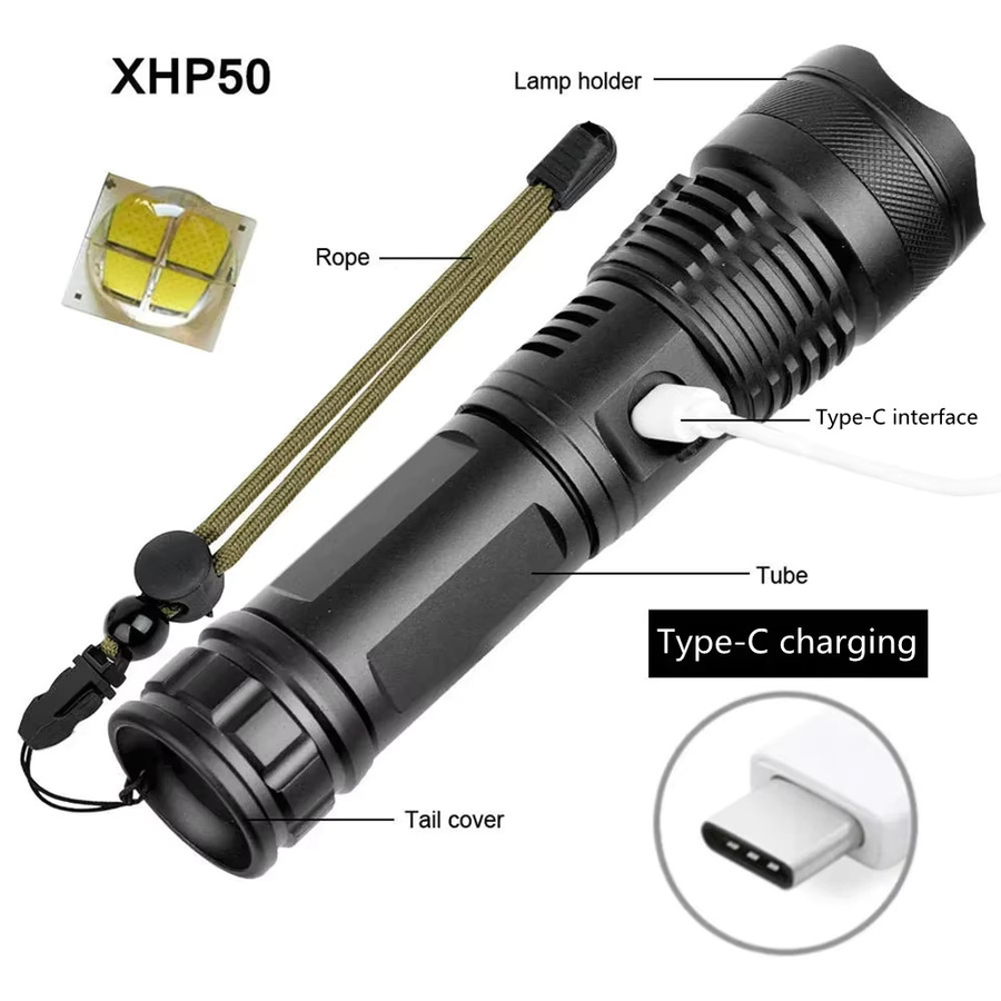 ESMARTER Hochleistungs LED Taschenlampe mit 4 XHP50 Kernen, wiederaufladbar via Typ C, Zoom-Handlaterne mit 18650 Akku für Camping, Outdoor und Notfall - Bild 2