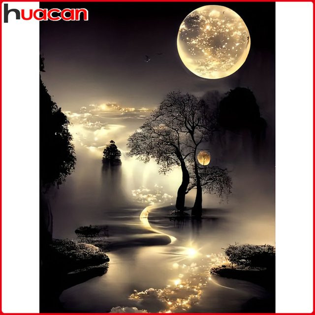 Huacan DIY Diamantmalerei Landschaftsmosaik Mond Komplettset, Multicolor, B: 30,0 cm, H: 20,0 cm, T: 20,0 cm - Bild 1