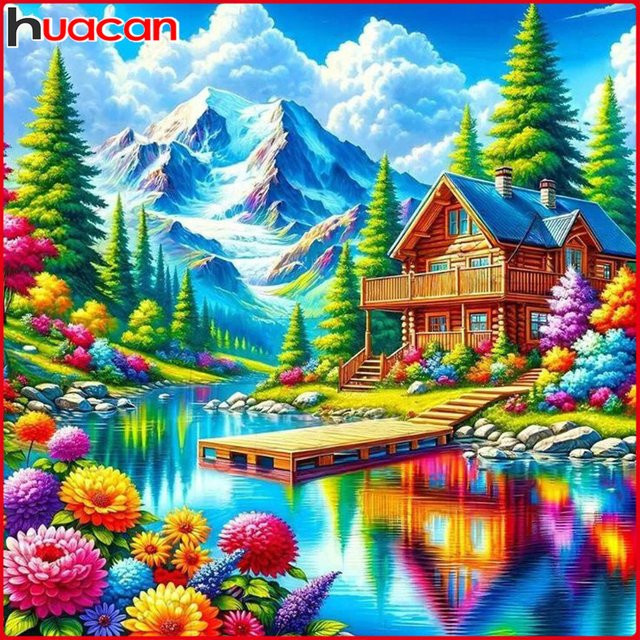 Huacan Diamantgemälde Berghaus, Fluss, Landschaft, Bastelset - Bild 1