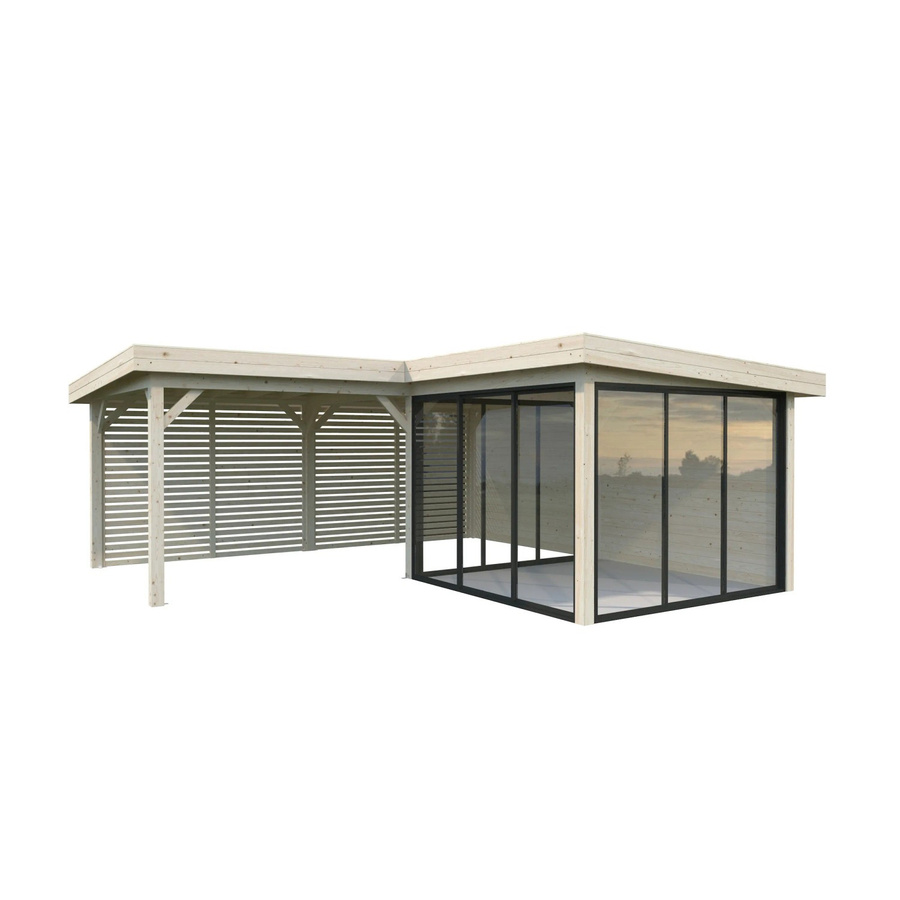 Palmako Pavillon Lenna Set 411 Slide aus Fichtenholz mit Alu-Schiebetüren und PZ-Schloss, Braun, B/T/H: 588 x 588 x 245 cm - Bild 2