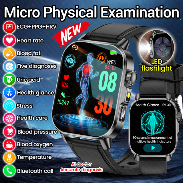 GUHUAVMI Smartwatch für Herren mit EKG, Blutdruck, Harnsäure und Blutfett Messung, Herzfrequenz, Blutsauerstoff, Temperatur und Bluetooth-Anruffunktion, Schwarz - Bild 1