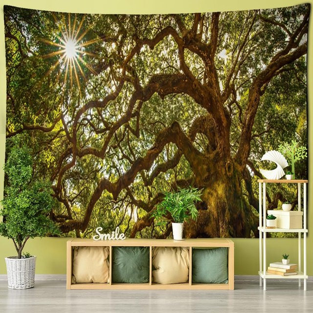 Wandteppich Super Six mit Wald- und Baum-Motiv im Boho-Stil, Mehrfarbig, B/H: 150 x 150 cm - Bild 1
