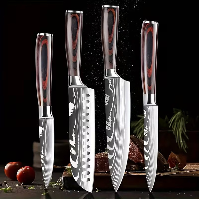 DFITO 4-teiliges Küchenmesser-Set aus Edelstahl in Silber, ultrascharfe japanische Profi-Messer mit Damaszener-Muster inklusive Santoku-Messer - Bild 1