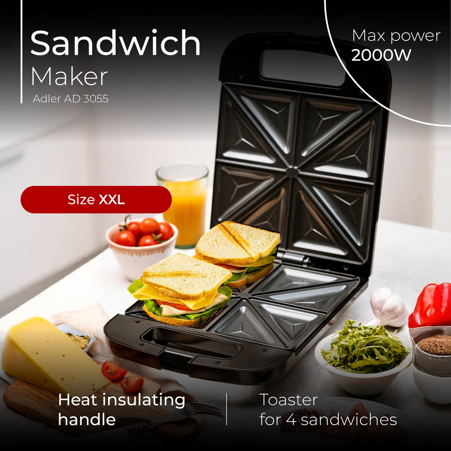 Adler Toaster AD 3055 XXL in Schwarz mit 2000 W Leistung, Antihaftbeschichtung und Platz für 4 Sandwiches - Bild 5