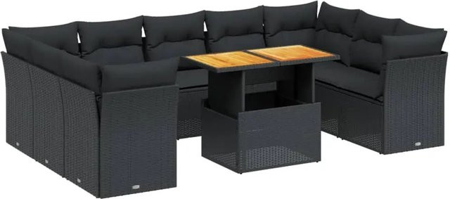 vidaXL 10-tlg. Garten-Sofagarnitur aus Polyrattan in Schwarz mit Kissen und Tisch, L-Form - Bild 1