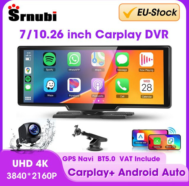 srnubi Kabelloser CarPlay Bildschirm für das Auto mit 4K Dash Cam, 5G WiFi, Android Auto, Dual Lens und GPS-Navigation, Schwarz, 7/10,26 Zoll - Bild 1