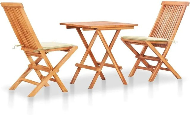 vidaXL 3-teiliges Bistroset aus Teakholz mit cremeweißen Kissen für Garten und Terrasse - Bild 1