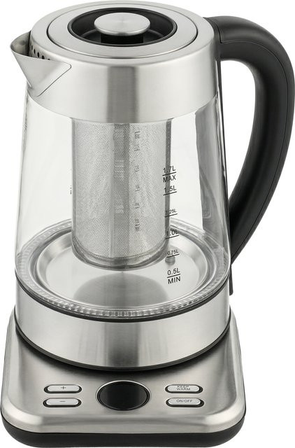 HOMCOM Elektrischer Wasserkocher aus Glas und Edelstahl in Silber mit 1,7 l Fassungsvermögen, 2200 W Leistung, Teesieb und Warmhaltefunktion - Bild 1