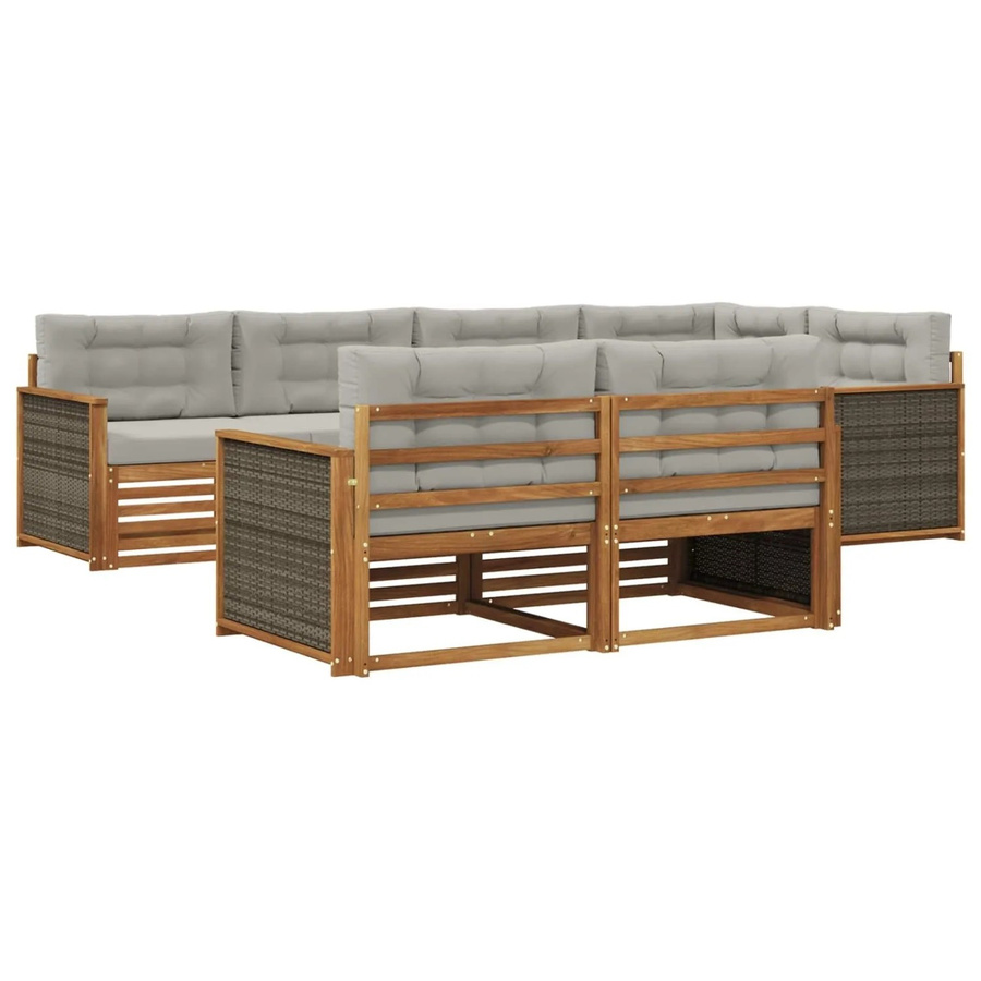 vidaXL Outdoor-Sofagarnitur aus Akazienholz in L-Form mit 7 Sitzkissen und 8 Rückenkissen, Farbe Natur und Hellgrau - Bild 2