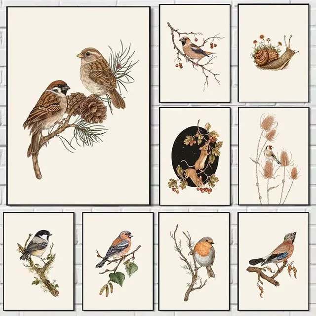 Potdemiel Wandkunst Leinwandgemälde Vintage Goldfinch Landschaft mit Blumen und Vögeln in Mehrfarben - Bild 1