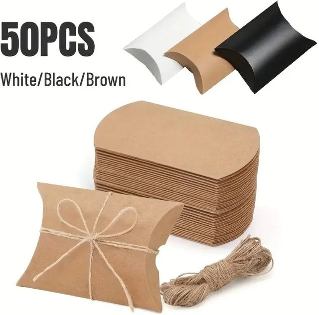 50 Stück Mehrfarbige Kraftpapier-Kissen-Süßigkeitenboxen aus Kraftpapier mit Hanfseil für Hochzeiten, Geburtstage und Partys - Bild 1