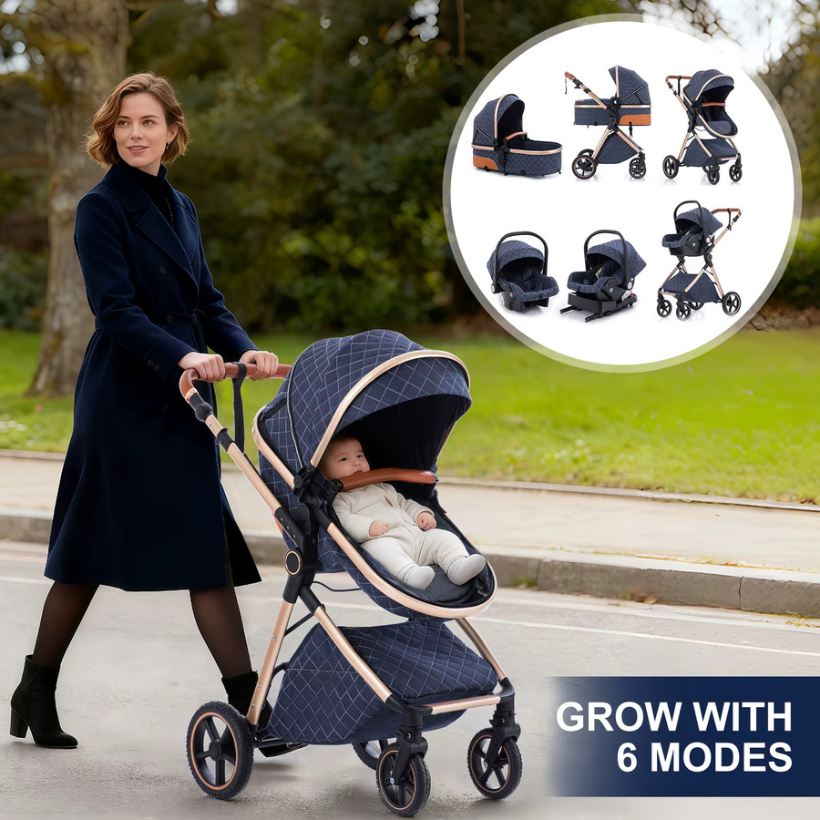 3-in-1 Kombi-Kinderwagen für Neugeborene mit Babywanne, zusammenklappbar und verstellbarer Griff, Grau-Blau - Bild 2